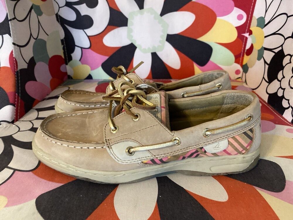 Sperry Top Sider Leather Boat Shoes Tan/Pink Plaid 6M